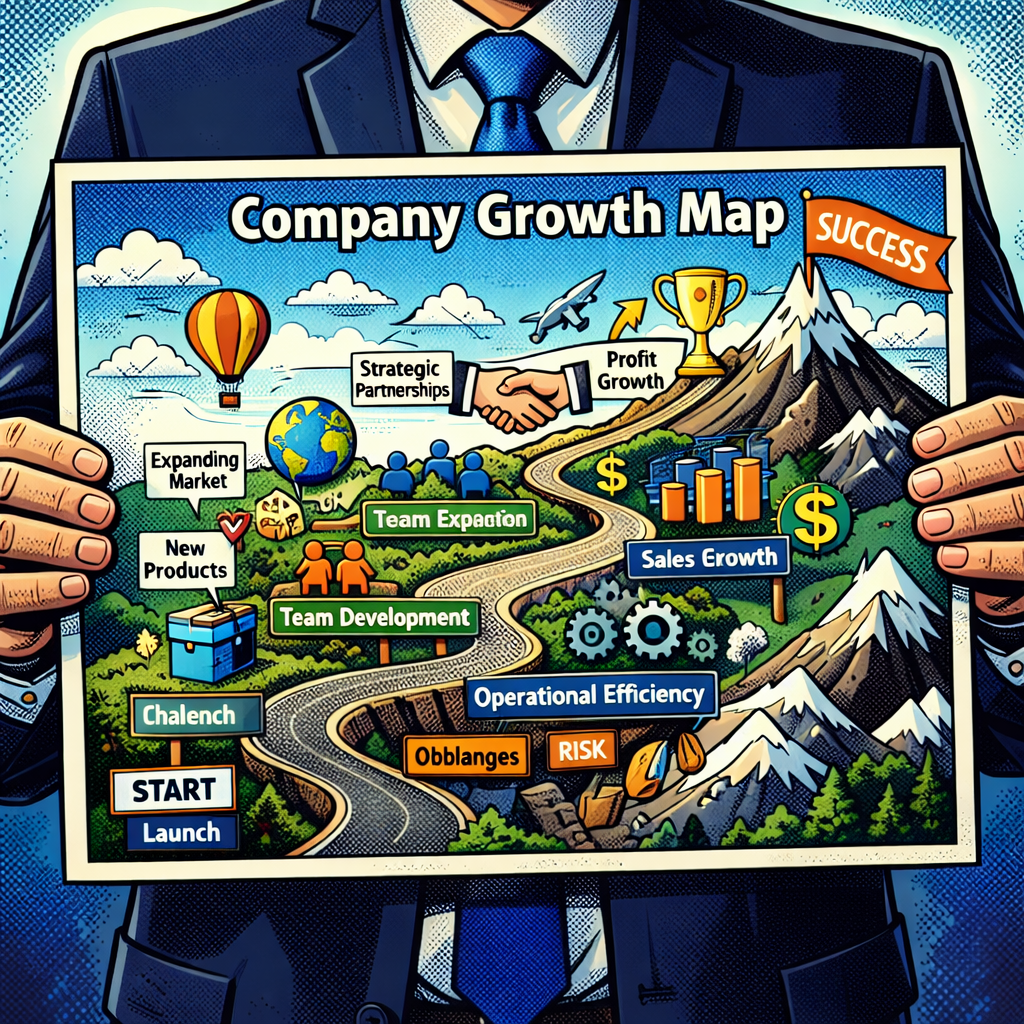 Illustrated company growth roadmap showing launch, challenges, team development, expansion, operational efficiency, sales growth, profit growth, and success.