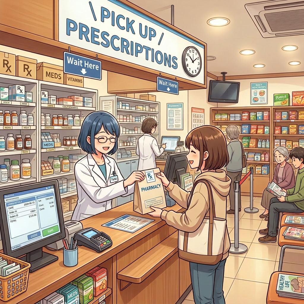 Pharmacist giving a prescription bag to a customer at the pharmacy pickup counter