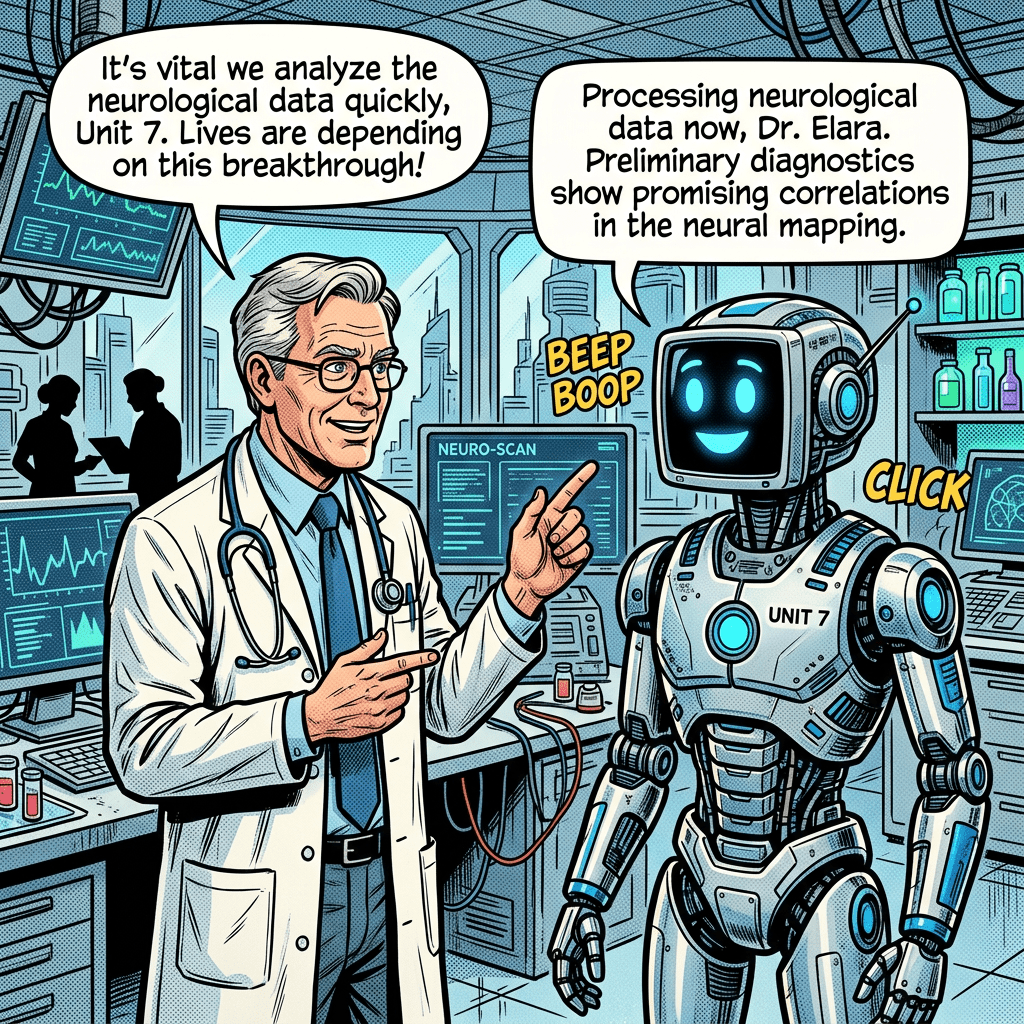 Doctor talking to an AI robot labeled Unit 7 about analyzing neurological data in a lab